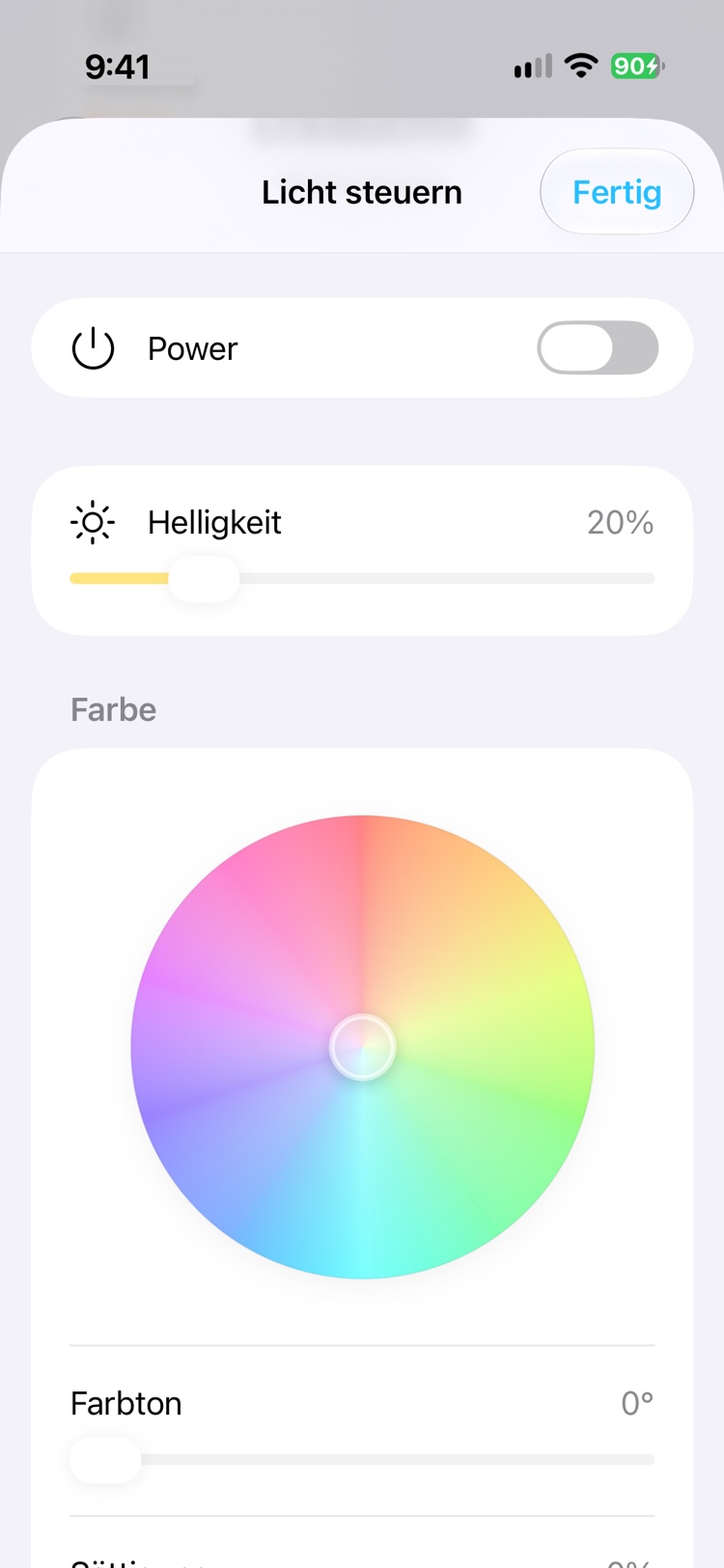 Die Lichtsteuerung für die Eckleuchte: ein Schalter, ein Helligkeitsregler bei 20 Prozent und ein Farbrad.