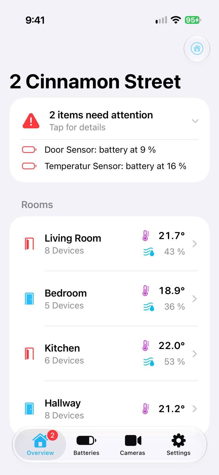 The Homeblick overview for 2 Cinnamon Street. A card at the top says 2 items need attention: a door sensor and a temperature sensor have low batteries. Below, the rooms Living Room, Bedroom, Kitchen and Hallway show their temperature and humidity.