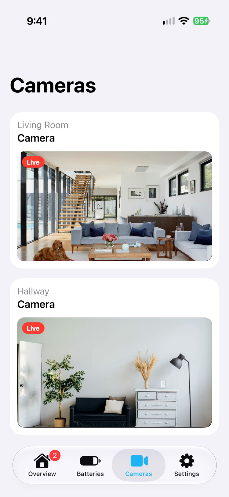 The Cameras tab with two cameras, Living Room and Hallway, each with a live picture, the room name above it and a red Live mark.