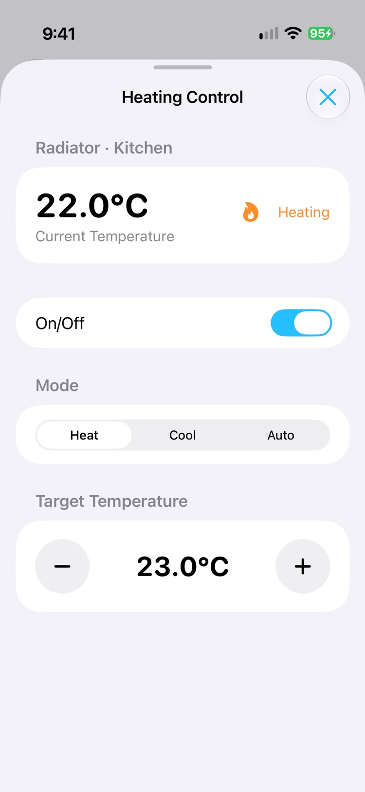 The Heating Control sheet for the radiator in the kitchen: 22.0 degrees Celsius and heating, an on/off switch, the modes Heat, Cool and Auto, and the target temperature 23.0 degrees with minus and plus buttons.