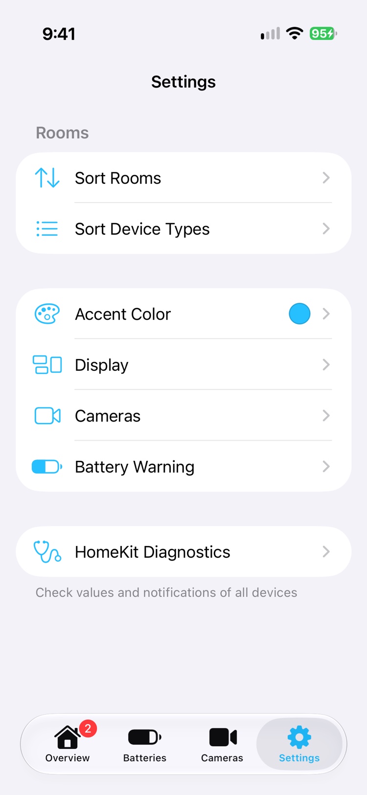 The Settings tab. A list with Sort Rooms, Sort Device Types, Accent Color, Display, Cameras and Battery Warning, and below it HomeKit Diagnostics.