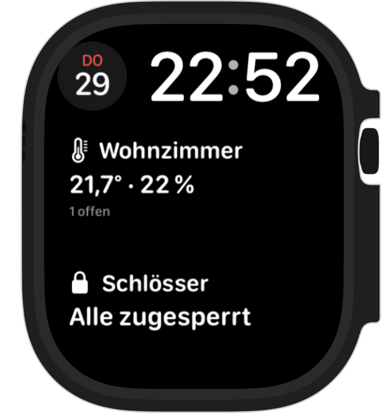 Ein Zifferblatt mit zwei Homeblick-Komplikationen: das Wohnzimmer mit 21,7 Grad, 22 Prozent und einem offenen Kontakt sowie Schlösser mit „Alle zugesperrt“.