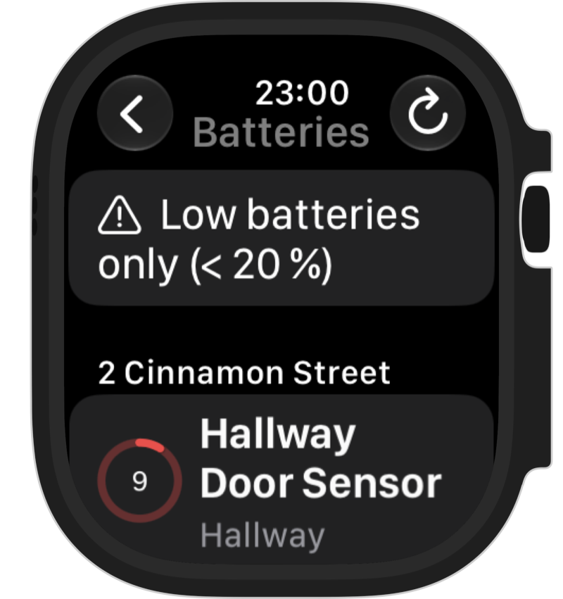 The Batteries screen on Apple Watch. A filter shows only batteries below 20 percent, below it the hallway door sensor with 9 percent in a red ring.