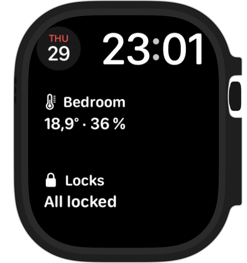 A watch face with two Homeblick complications: the bedroom with 18.9 degrees and 36 percent, and Locks with all locked.
