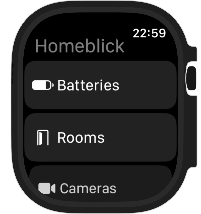 The Homeblick start screen on Apple Watch with the entries Batteries, Rooms and Cameras.