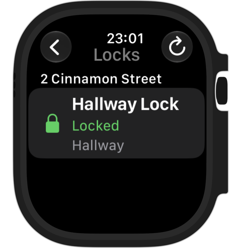 The Locks screen on Apple Watch with the hallway lock shown in green as locked.